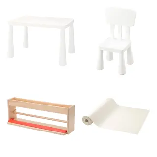 MAMMUT/MÅLA set: children's table + children's chair + paper roll holder with storage + drawing paper roll