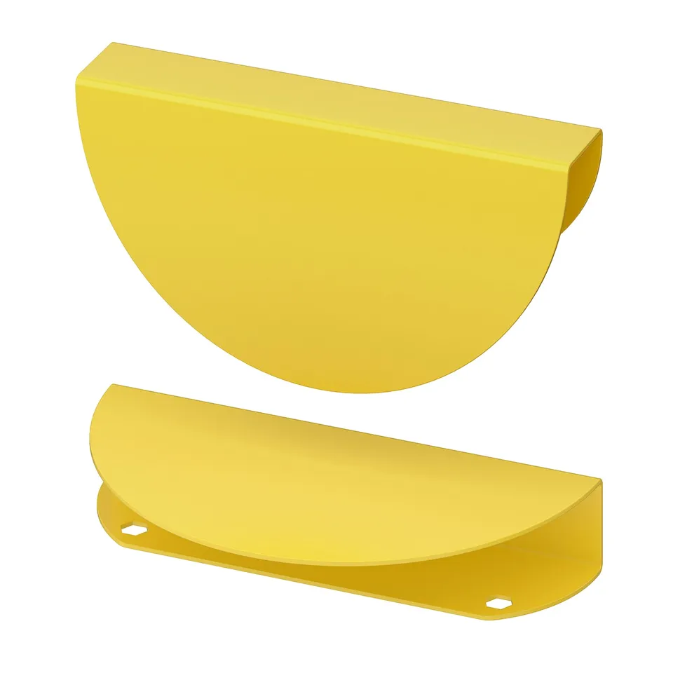 Two bright yellow, semi-circular storage handles with smooth, powder-coated steel and rounded edges.