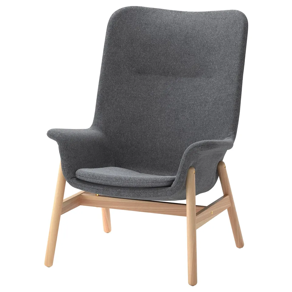 VEDBO grey armchair, sleek wooden design, curved back, soft cushion.