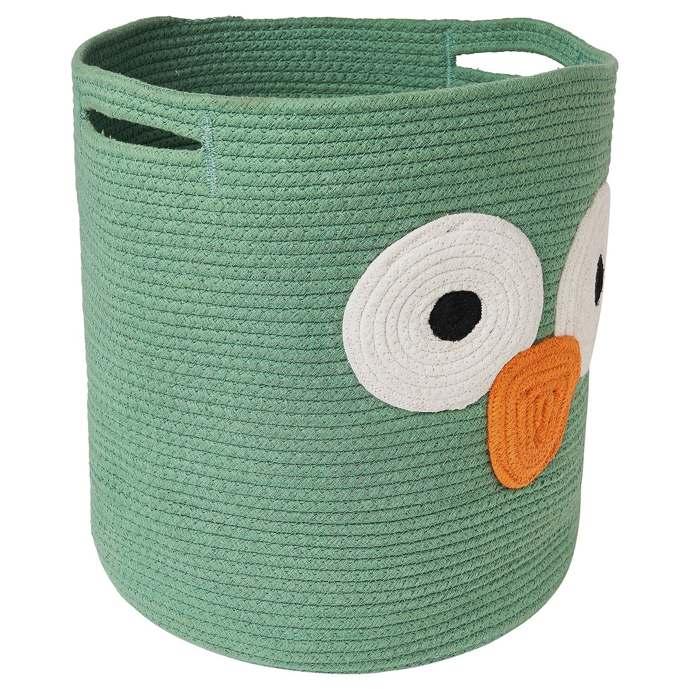 A green UPPSTÅ storage basket in the shape of an owl, made from braided cotton. The owl has large white eyes, an orange beak, and black details.