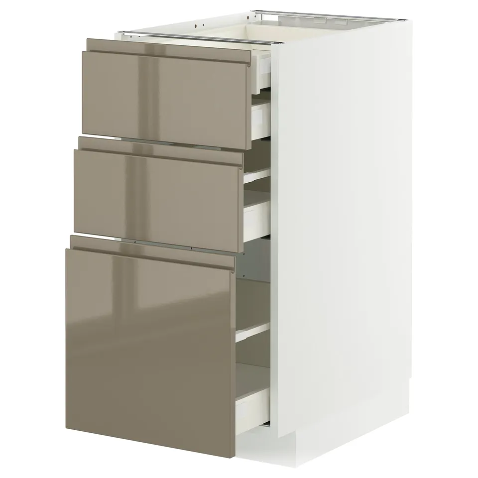 Modern white kitchen cabinet with 3 sleek grey-brown drawers, shiny finish.