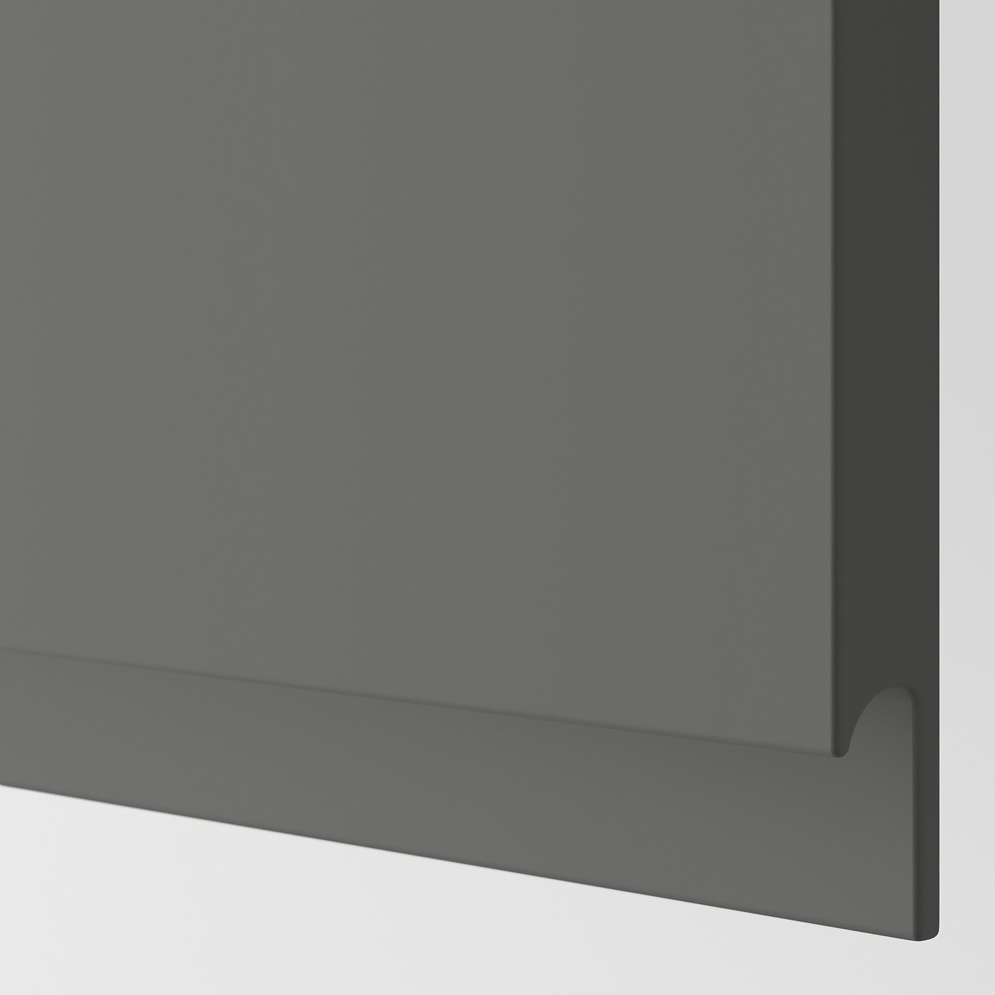 Dark grey cabinet door with sleek, modern design and smooth surface.