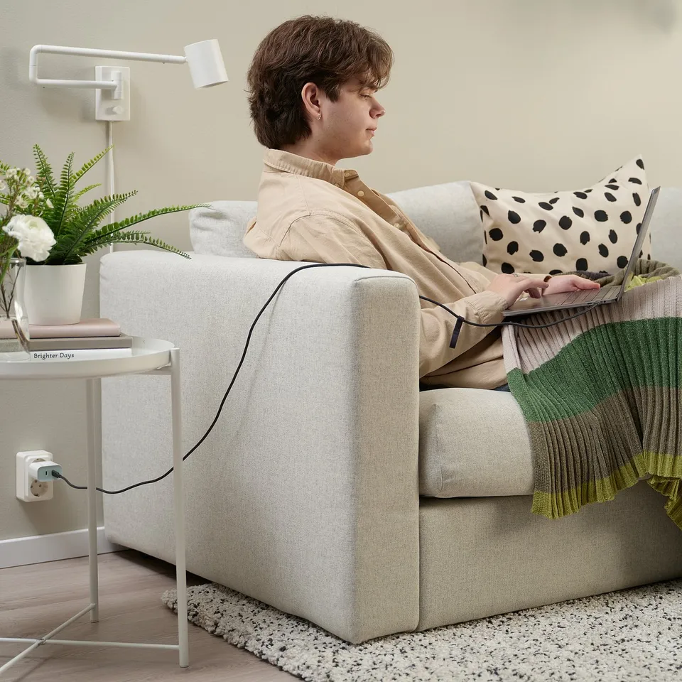 A person sitting on a couch using a laptop with a charger plugged in, next to a small table with a plant.