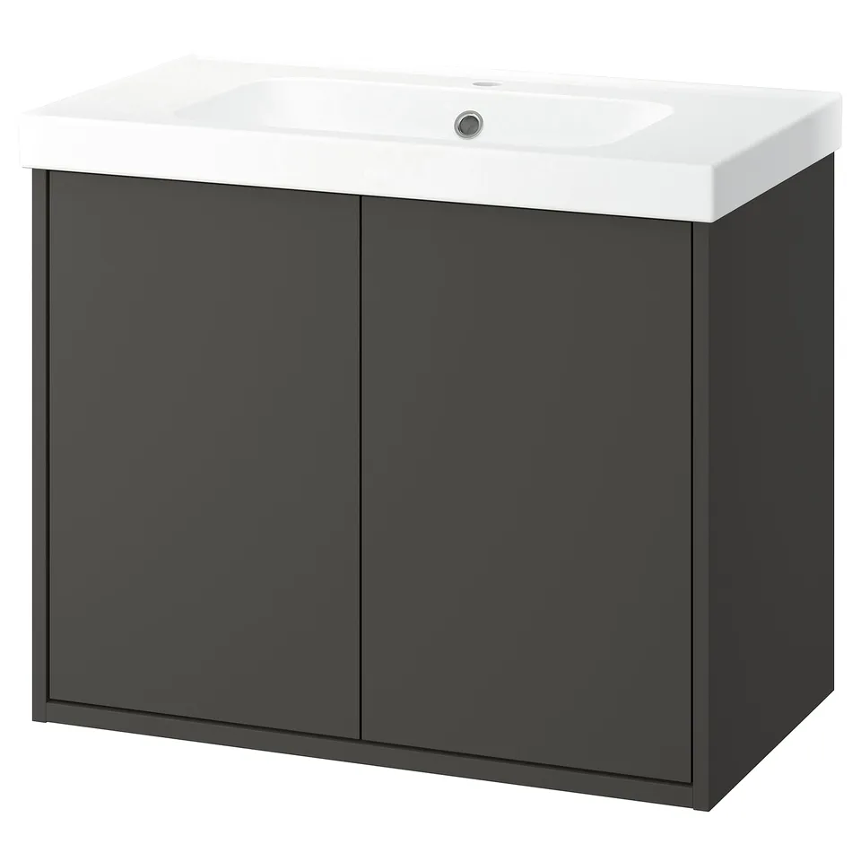 Dark grey wall-mounted bathroom cabinet with white sink.