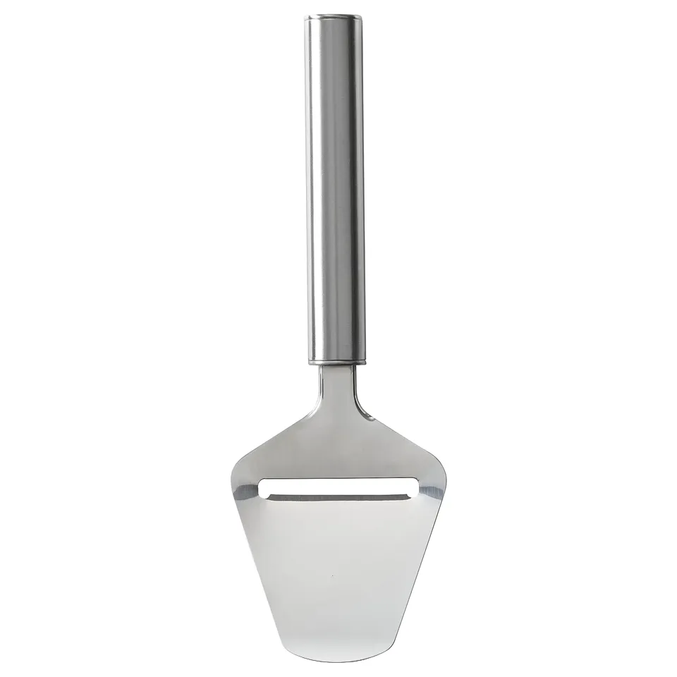 This is a KONCIS cheese slicer, silver, stainless steel, with a long handle and a triangular blade.