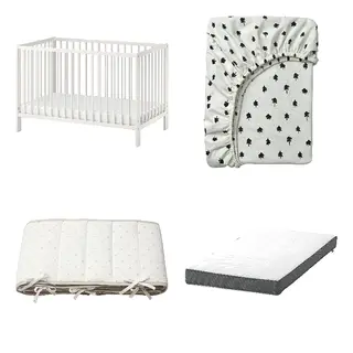 DRÖMMANDE/GRÖNFINK/GULLIVER/LENAST set: cot + fitted sheet for cot + bumper pad + pocket spring mattress for cot