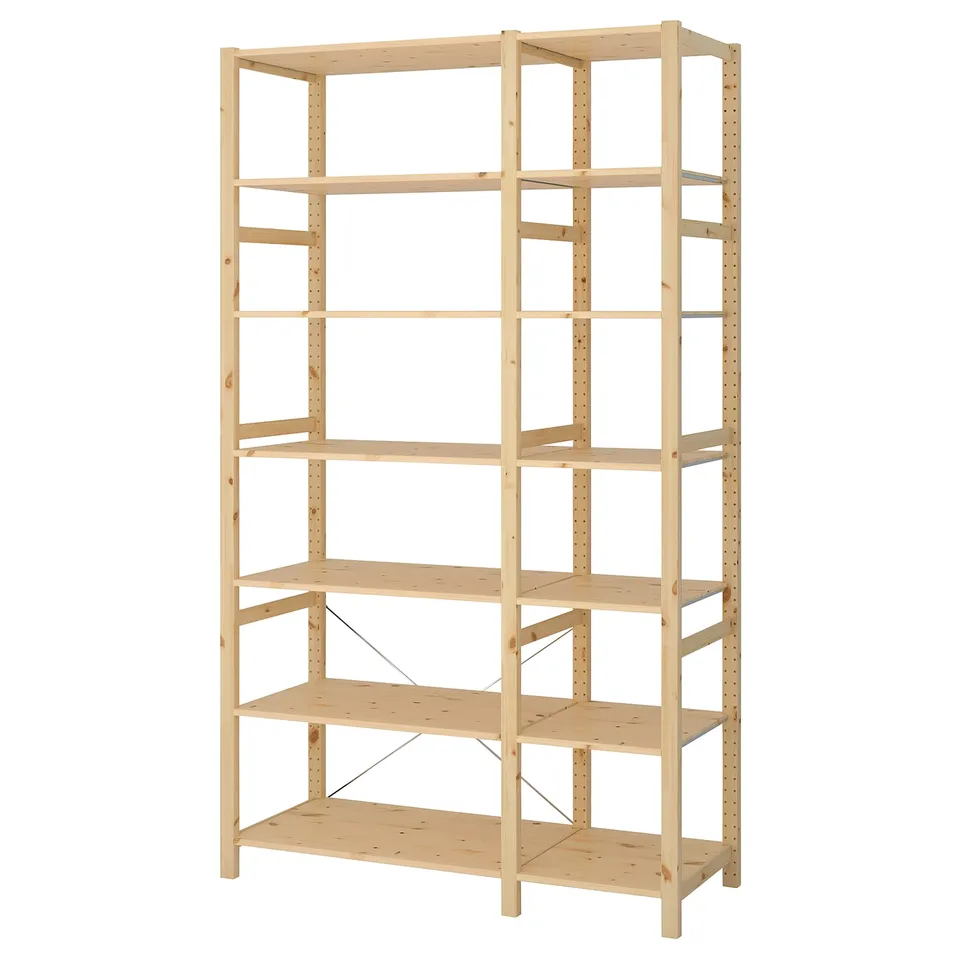 An IVAR wooden shelving unit, natural-colored, rectangular, with adjustable shelves and a sturdy pine wood frame.