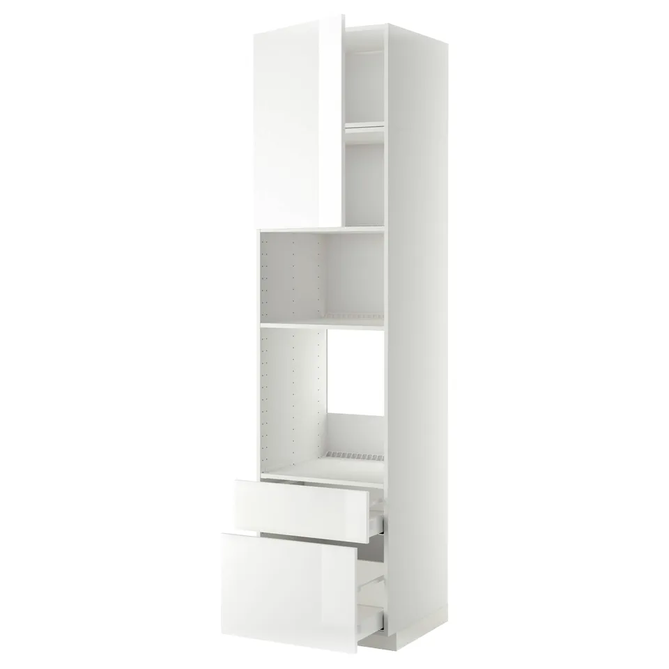 White METOD kitchen unit: high gloss finish, three shelves, slim drawer, sleek modern design.
