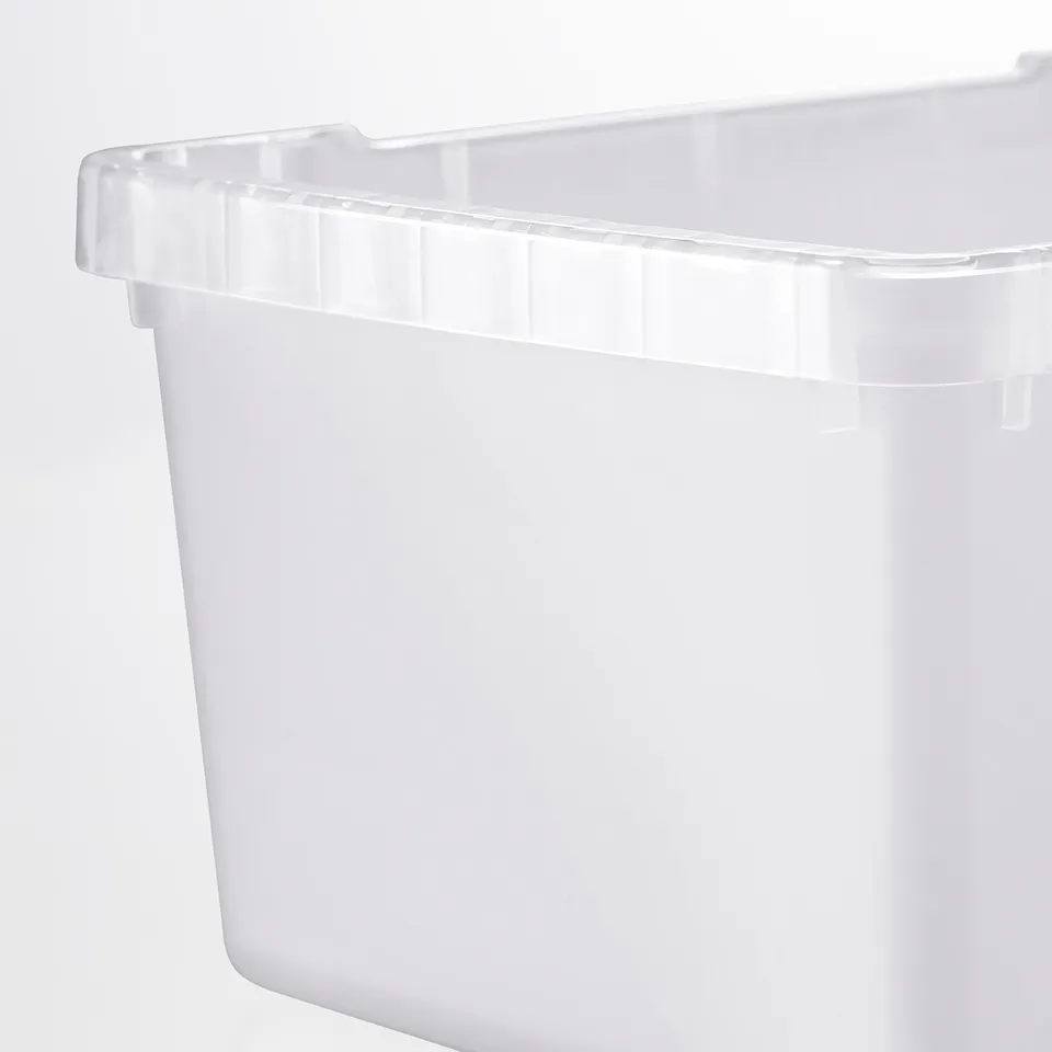 Clear plastic storage box with ribbed lid, designed for stacking.