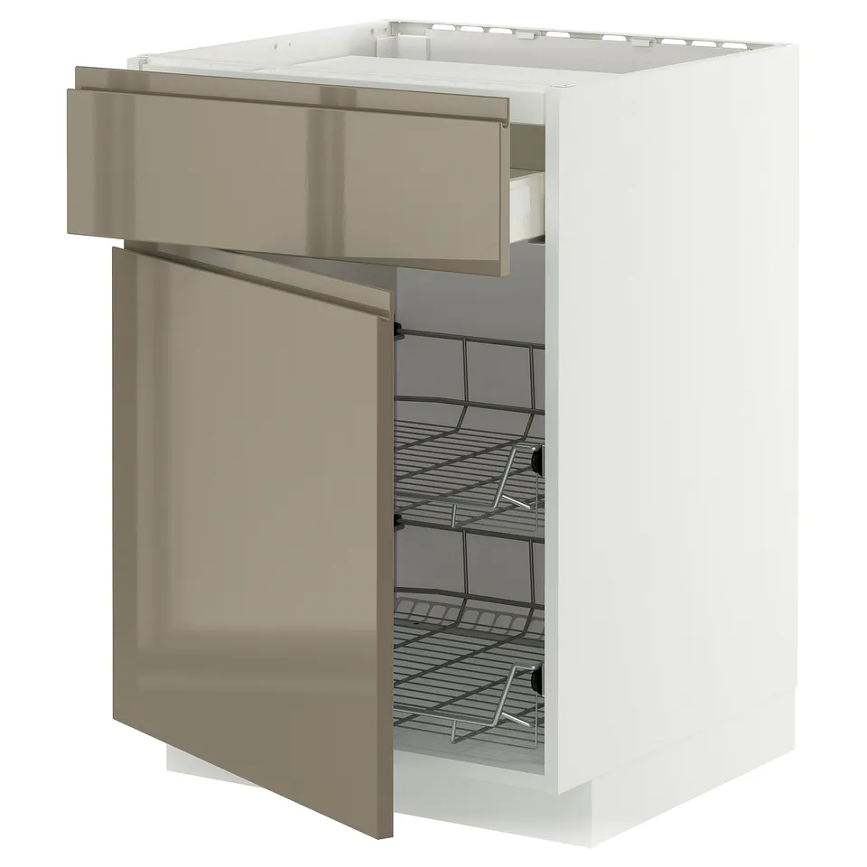 Modern white kitchen cabinet with beige drawers, sleek handles, and wire shelves revealed.