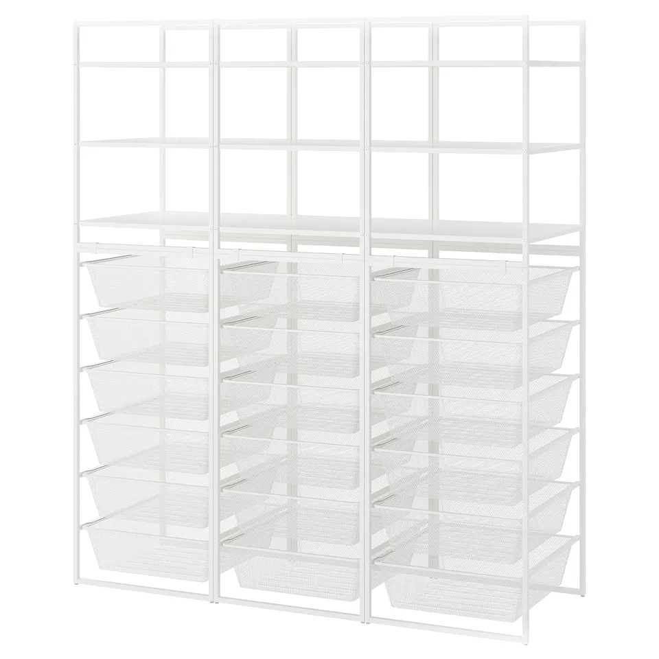 White JONAXEL storage system with metal mesh baskets for organising home items.