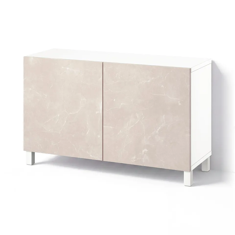 BESTÅ Storage combination with doors, white Bergsviken/Stubbarp/beige marble effect, 120x42x74 cm