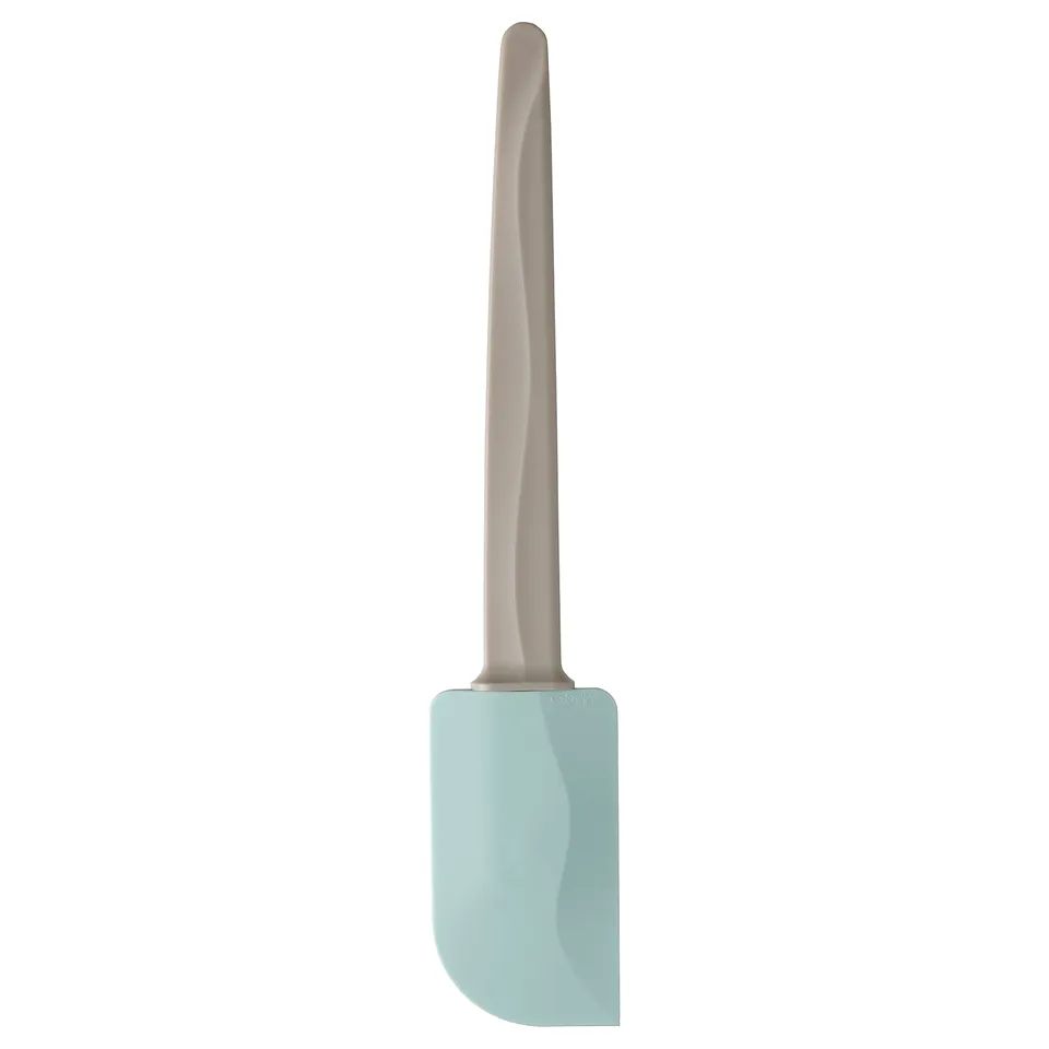 Light blue spatula with grey handle, curved shape, silicone tip, modern design.