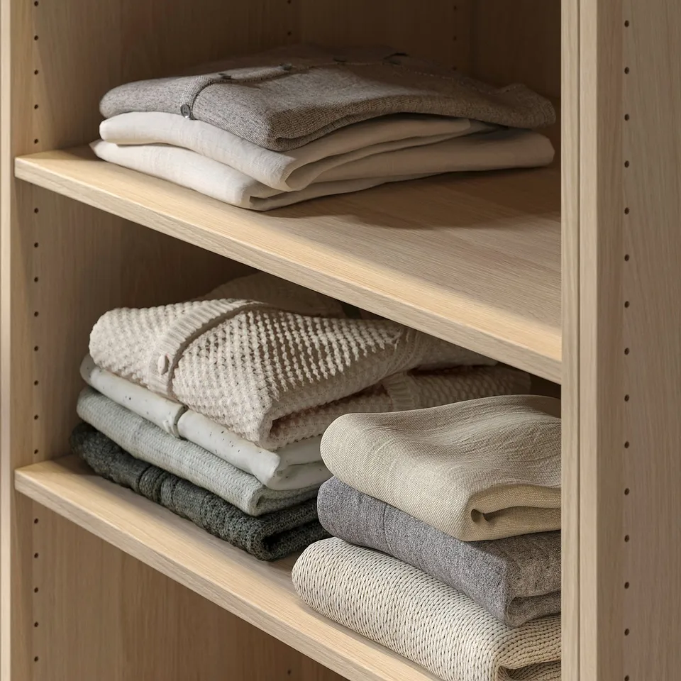Folded clothes organised on wooden shelves in a closet, showcasing neat storage and easy access.