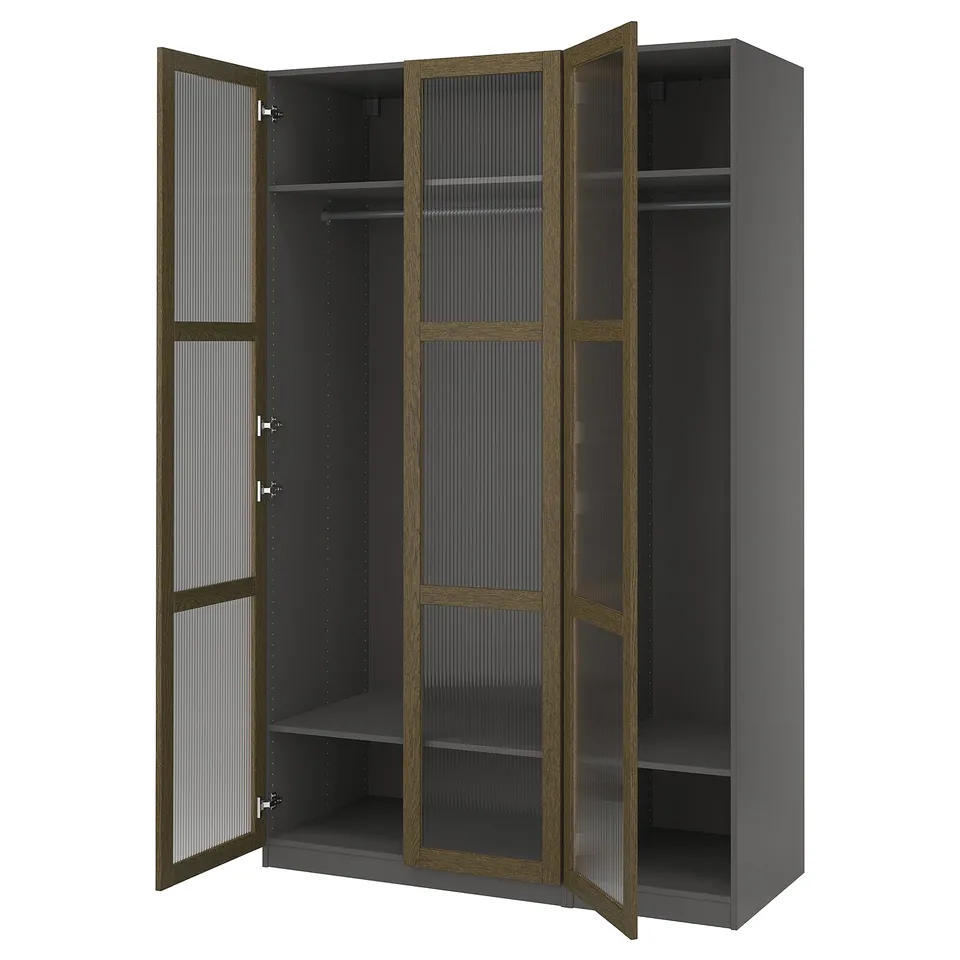 PAX wardrobe - large, grey, wooden doors with glass panels, open showing shelves and hangers.
