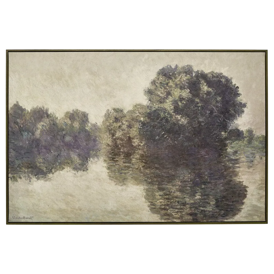 Framed monet painting in muted tones. Trees reflected in calm water. Canvas texture, walnut finish frame.