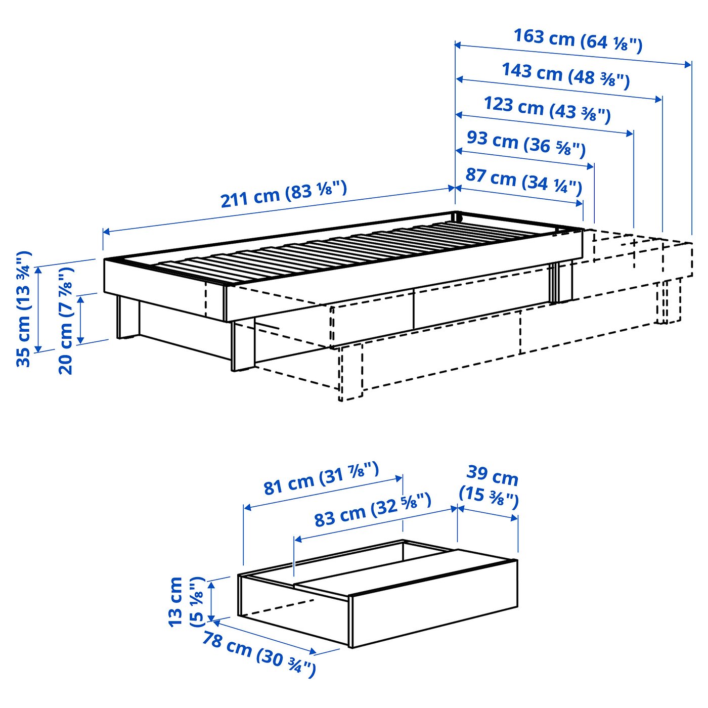 GLAMBERGET Extendable bed w stor/2 mattresses, pine/Åfjäll firm, 80x200 cm