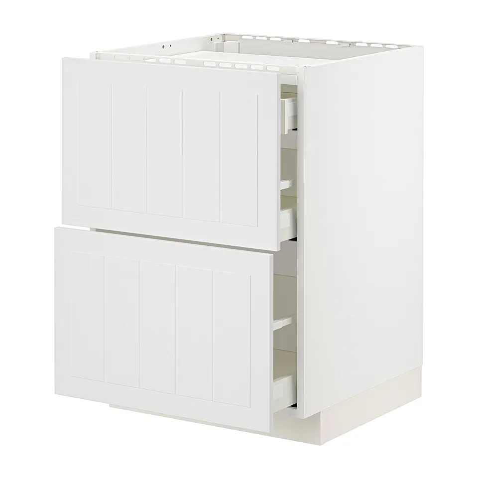 White METOD kitchen cabinet with two open drawers, modern design, smooth surfaces.