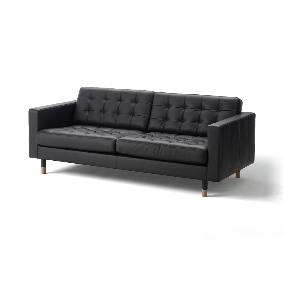 Modern black leather sofa, LANDSKRONA, tufted design, wooden legs, sleek and stylish.