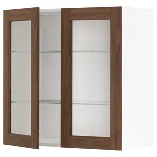 METOD wall cabinet w shelves/2 glass drs, white Enköping/brown walnut effect, 80x80 cm