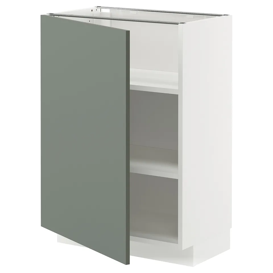 METOD kitchen cabinet with matt grey-green door, rectangular, two shelves.