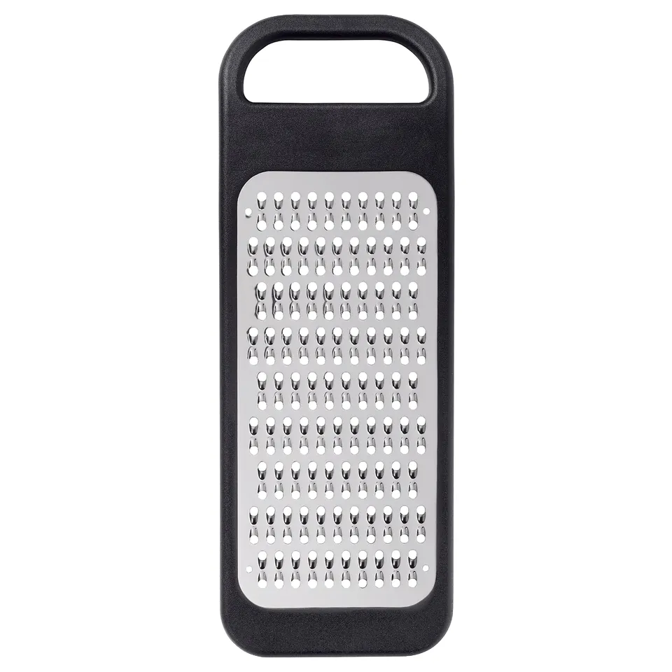 Black handheld stainless steel grater with plastic handle by IKEA.