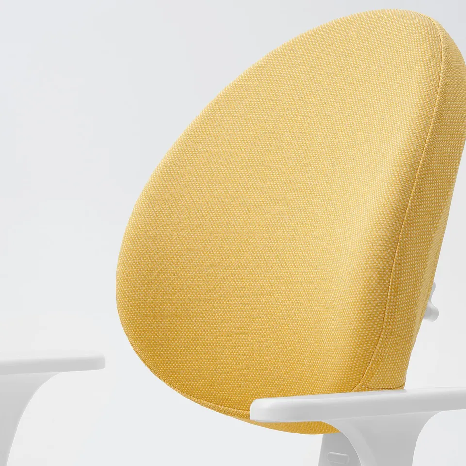 Bright yellow padded chair, ergonomic design, adjustable height and seat depth.