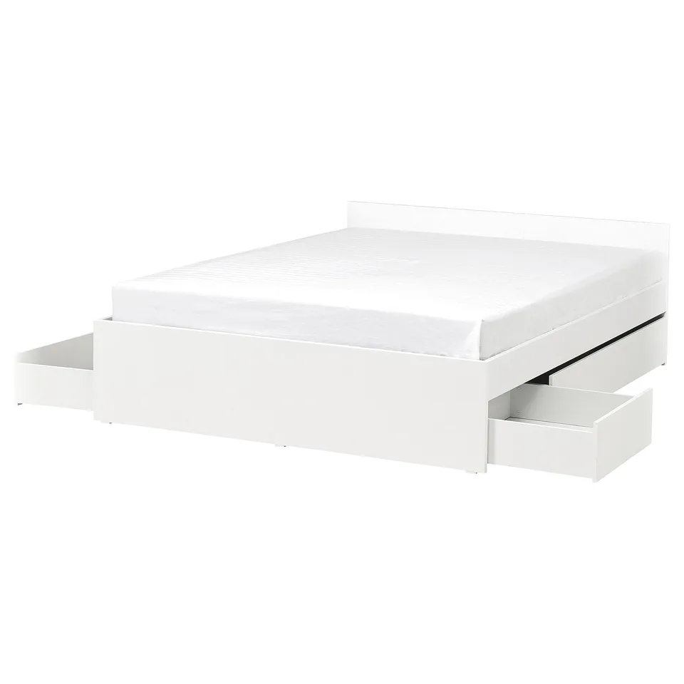 VIHALS white bed frame with four storage drawers, sleek modern design, great for organising and saving space.