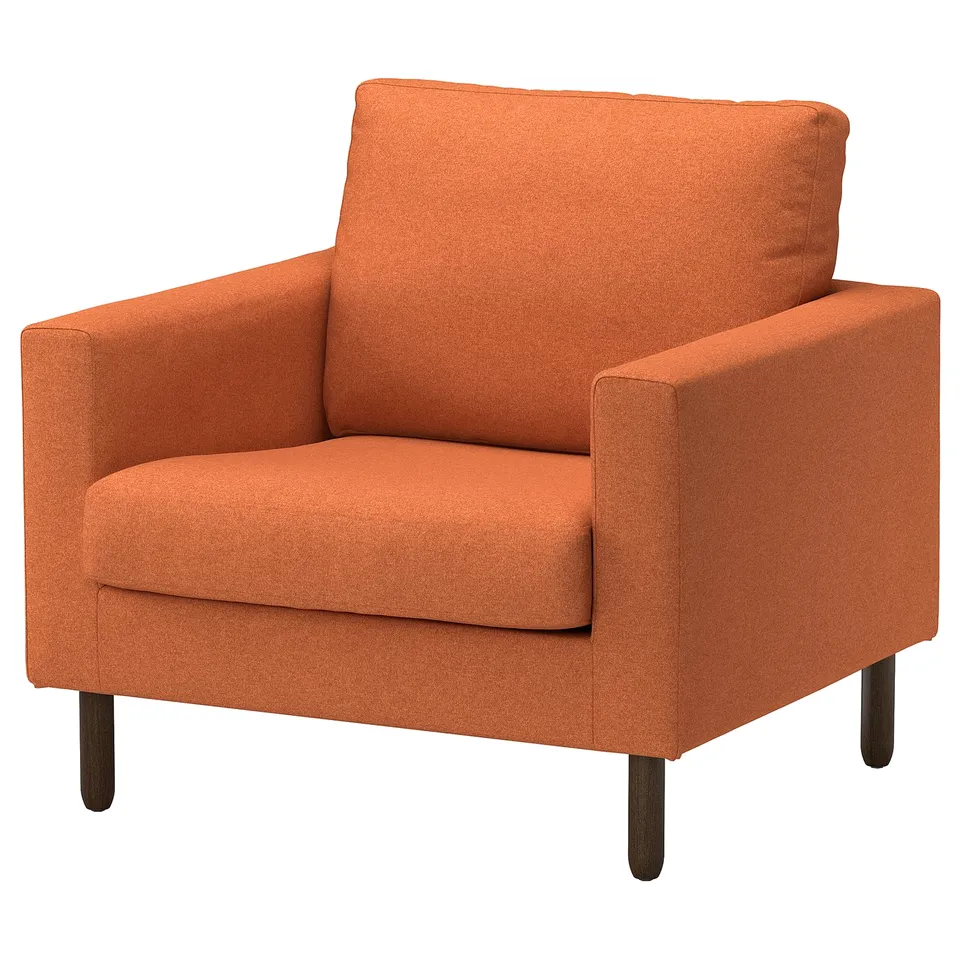 Vibrant orange modern armchair, orange fabric, square shape, wooden legs, 10yr guarantee.