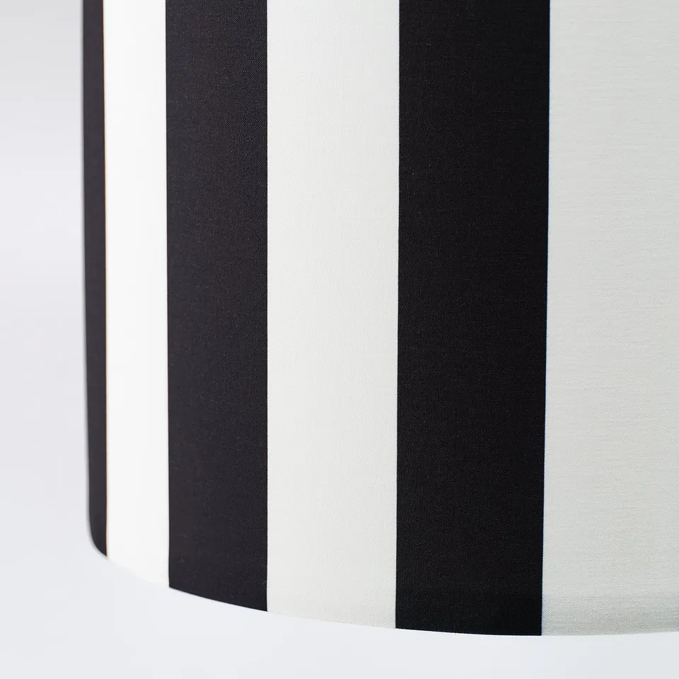 Black and white striped lampshade close-up.