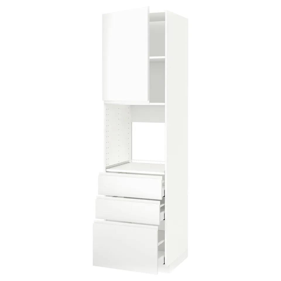 A white METOD kitchen cabinet with three drawers and a fixed shelf. It a modern design with integrated handles.