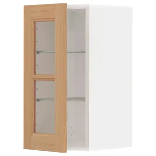 METOD wall cabinet w shelves/glass door, white/Vedhamn oak, 30x37x60 cm