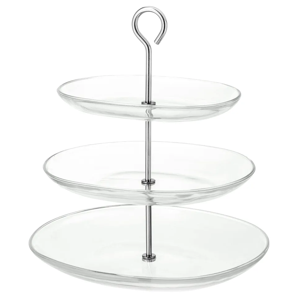KVITTERA 3-tier glass stand, clear with stainless steel handle. Perfect for snacks, desserts, or appetisers.