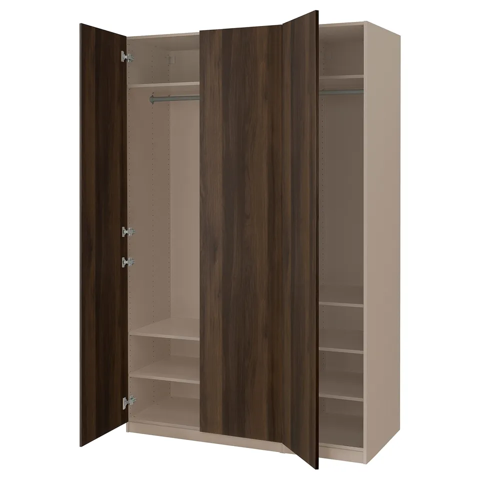 PAX wardrobe, dark wood finish, tan interior, soft-close doors, adjustable shelves.