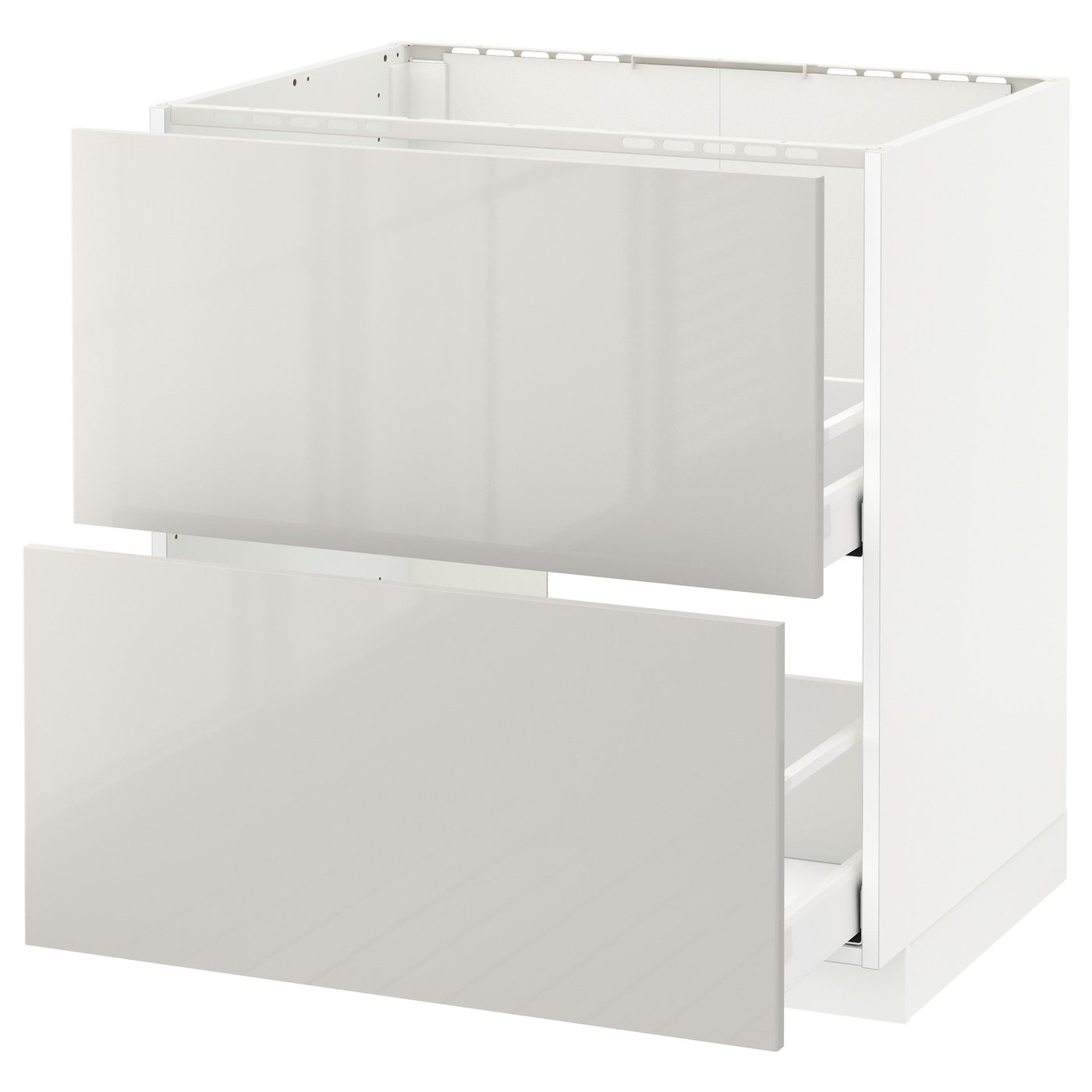 Modern white kitchen cabinet with open drawers, glossy finish.
