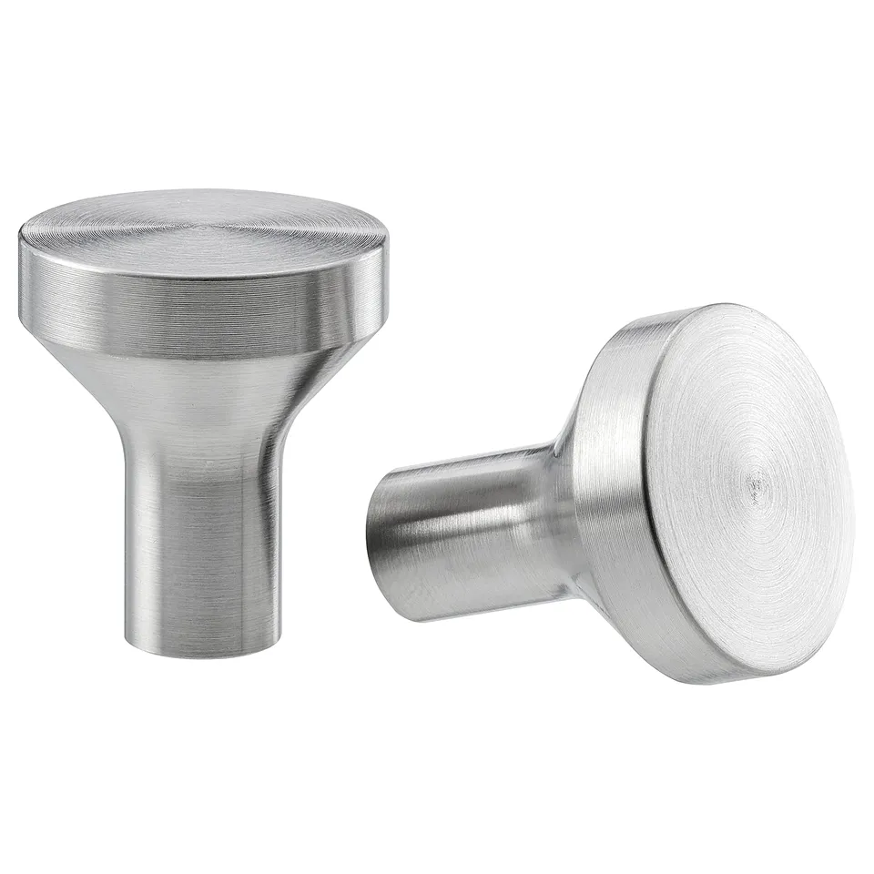 Two sleek, silver metallic knobs with a modern, cylindrical design, clean lines, and smooth finish. Ideal for contemporary decor.