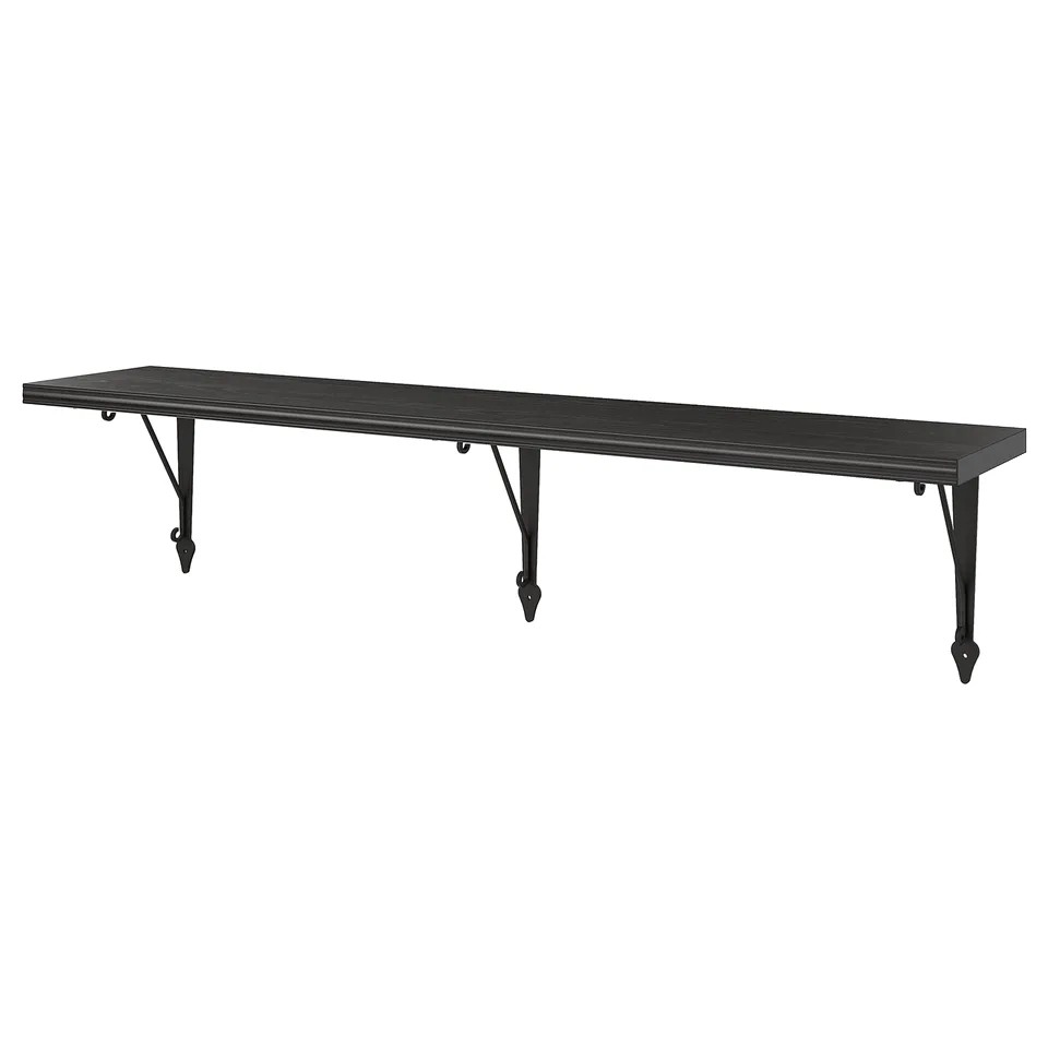 Modern black wall shelf, rectangular, supported by angled metal brackets.