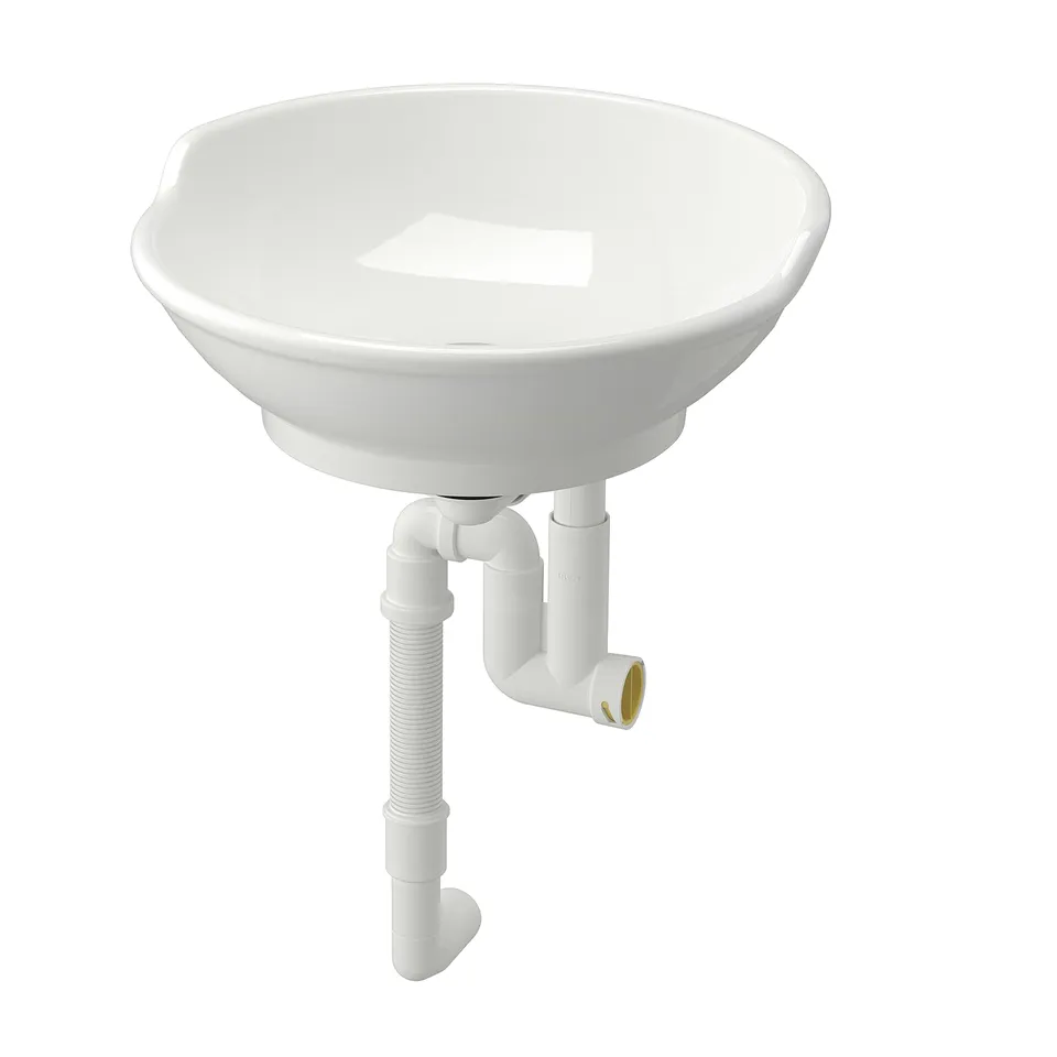 VÄSTERSJÖN white ceramic basin, round, traditional design, wall-mounted, with visible plumbing.