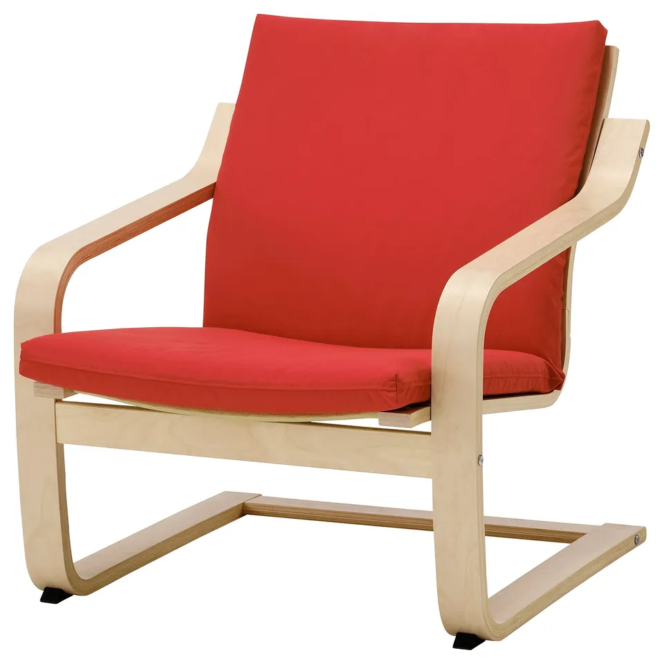 Red POÄNG armchair, light wood frame, curved design, cushioned seat and back.