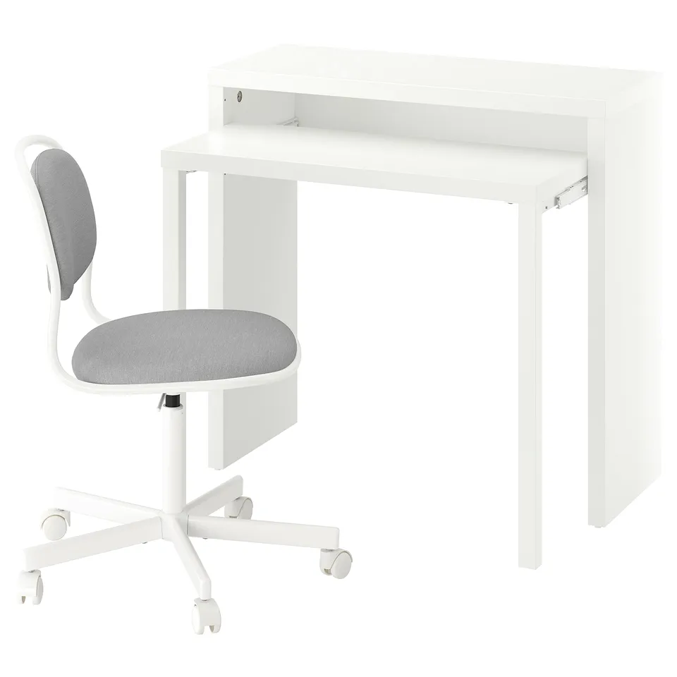 White LÄNGDHOPP pull-out desk with small rolling chair.