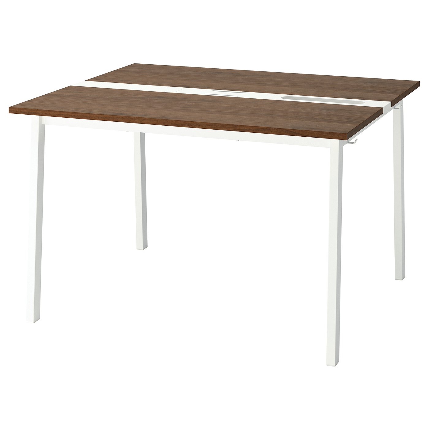 A MITTZON table with a rectangular shape and white metal legs. The top is dark brown woodgrain. The legs are straight, providing stability.