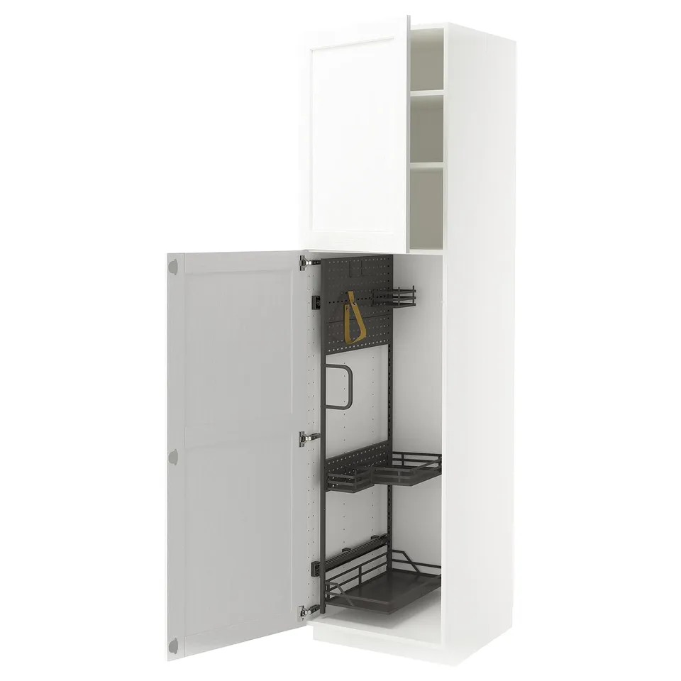 A white METOD kitchen cabinet with open doors, revealing storage shelves and organisers.