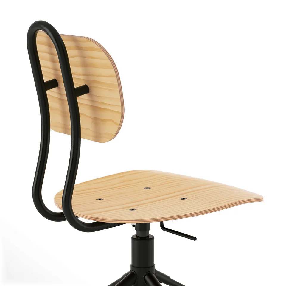 Wooden office chair with adjustable height and black metal frame, featuring a curved backrest and built-in handle for easy lifting.