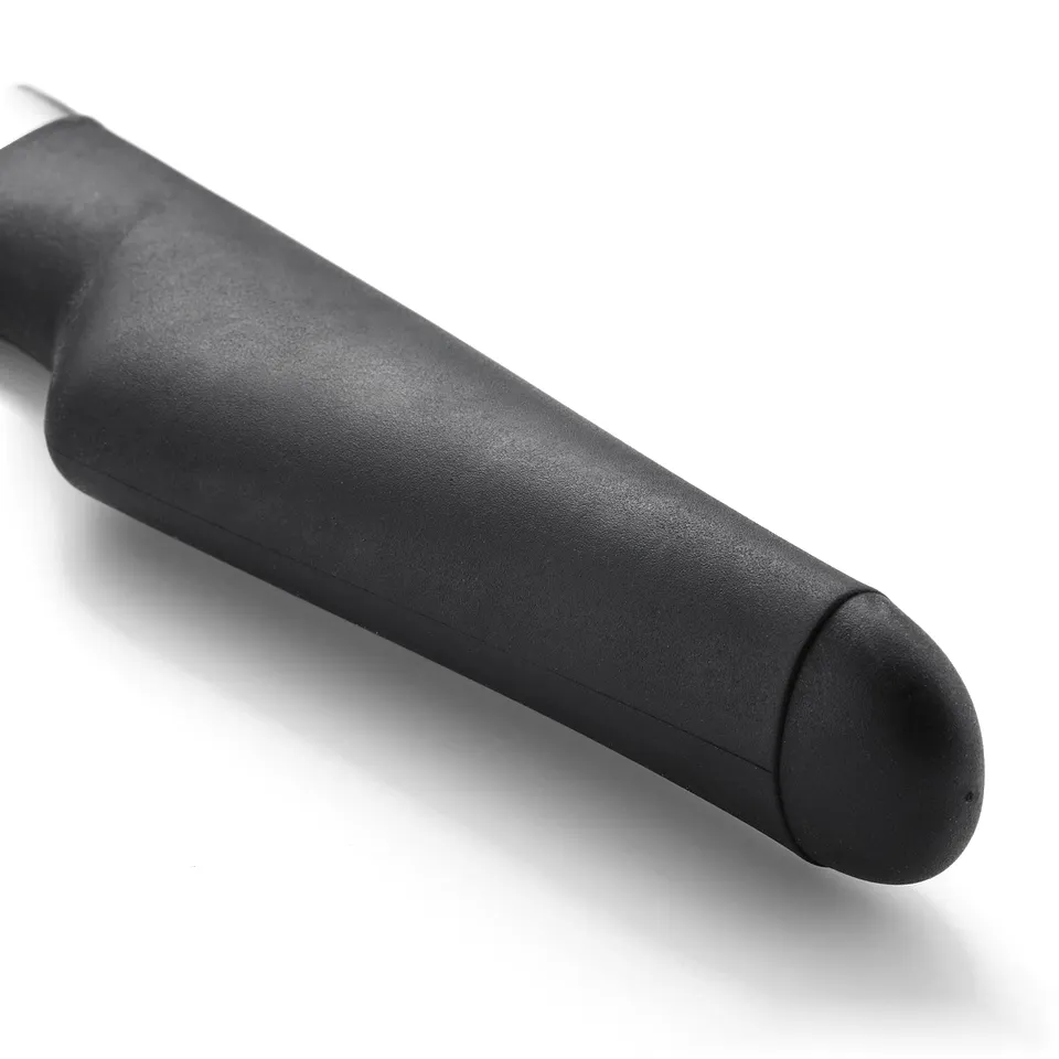 Black kitchen knife handle with smooth, rounded grip and simple design.