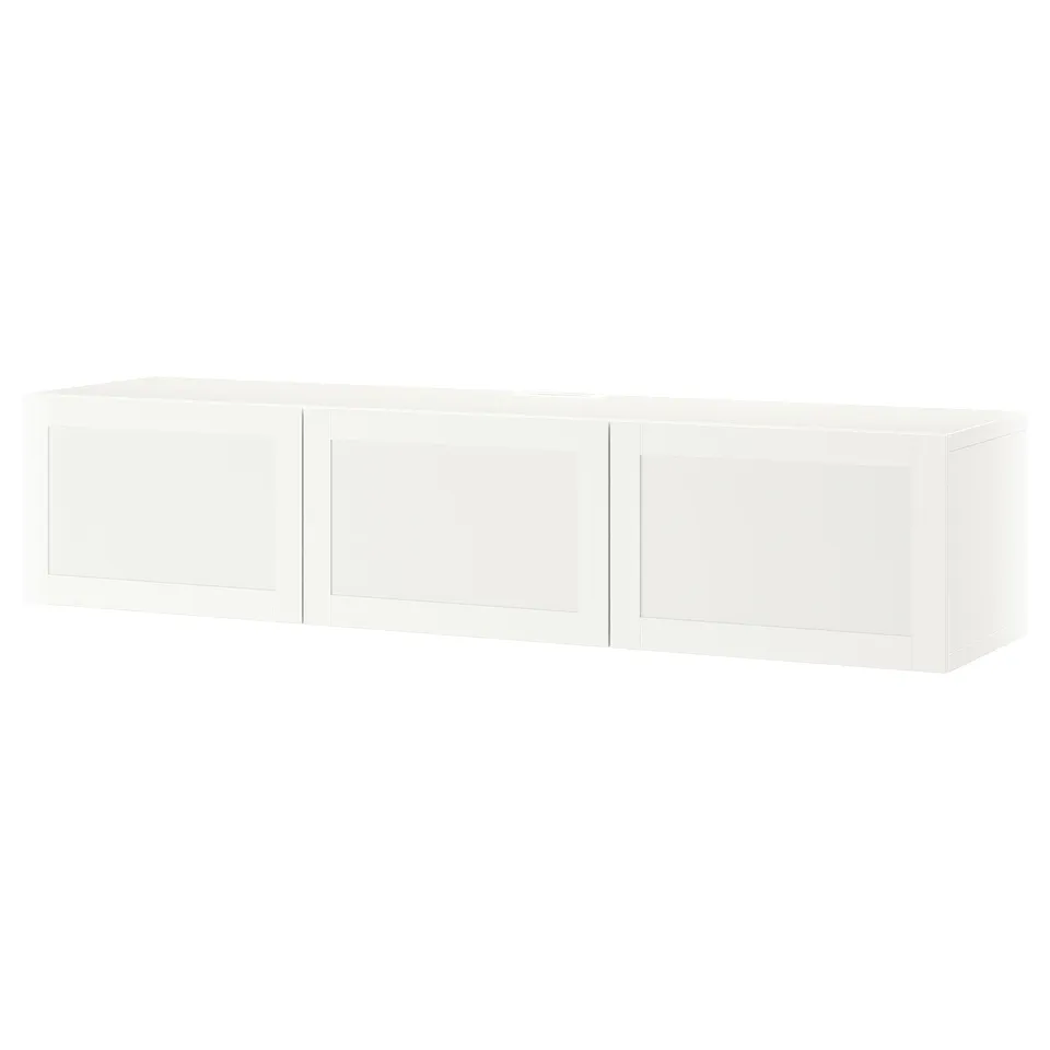 White BESTÅ tv bench with 3 closed doors, modern minimalist design, cable management.
