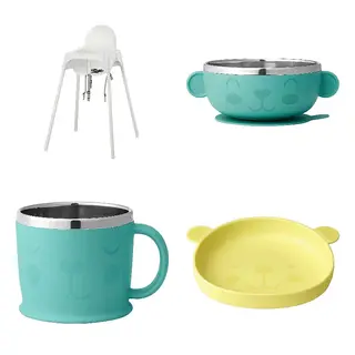 ANTILOP/KANONKUL set: highchair with safety belt + green bowl + green cup + yellow plate