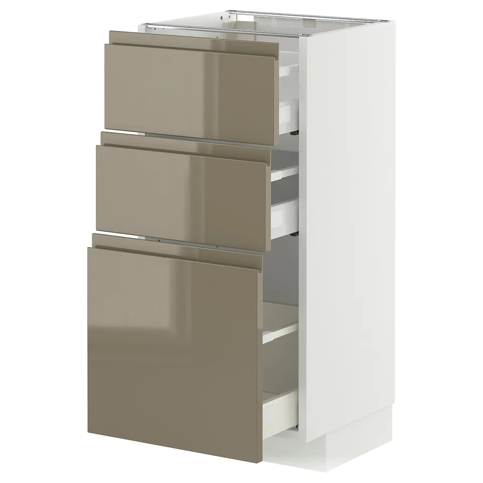 Modern kitchen unit, METOD, 3 beige drawers, glossy finish, white frame, sleek handles.