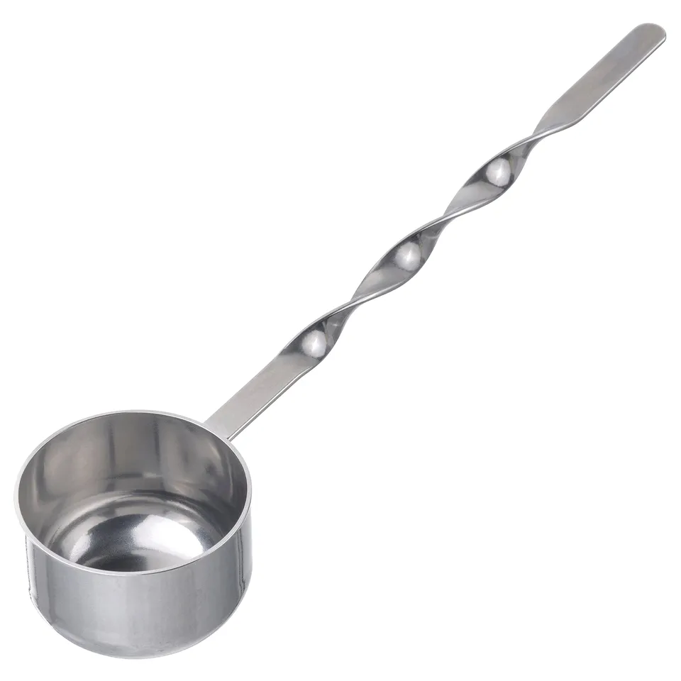 A HUVUDTÅG stainless steel coffee scoop with a twisted handle, designed for easy use and cleaning.