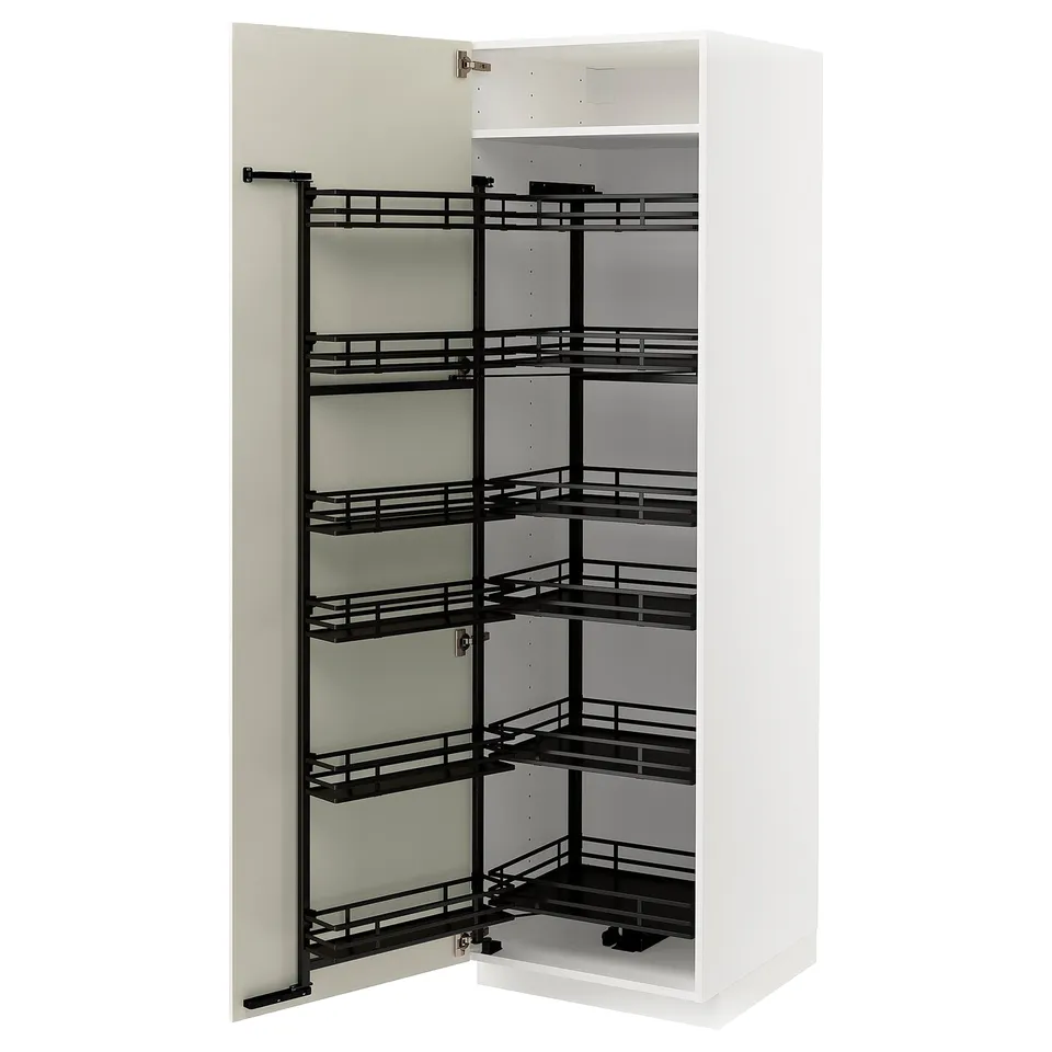 A white METOD kitchen cabinet with black pull-out shelves.