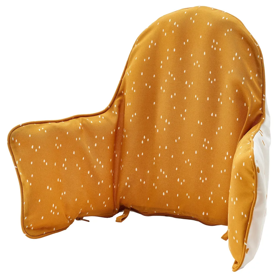 A yellow anti-lop inflatable baby support cushion with white dots. Its designed to provide comfort and stability during mealtime.